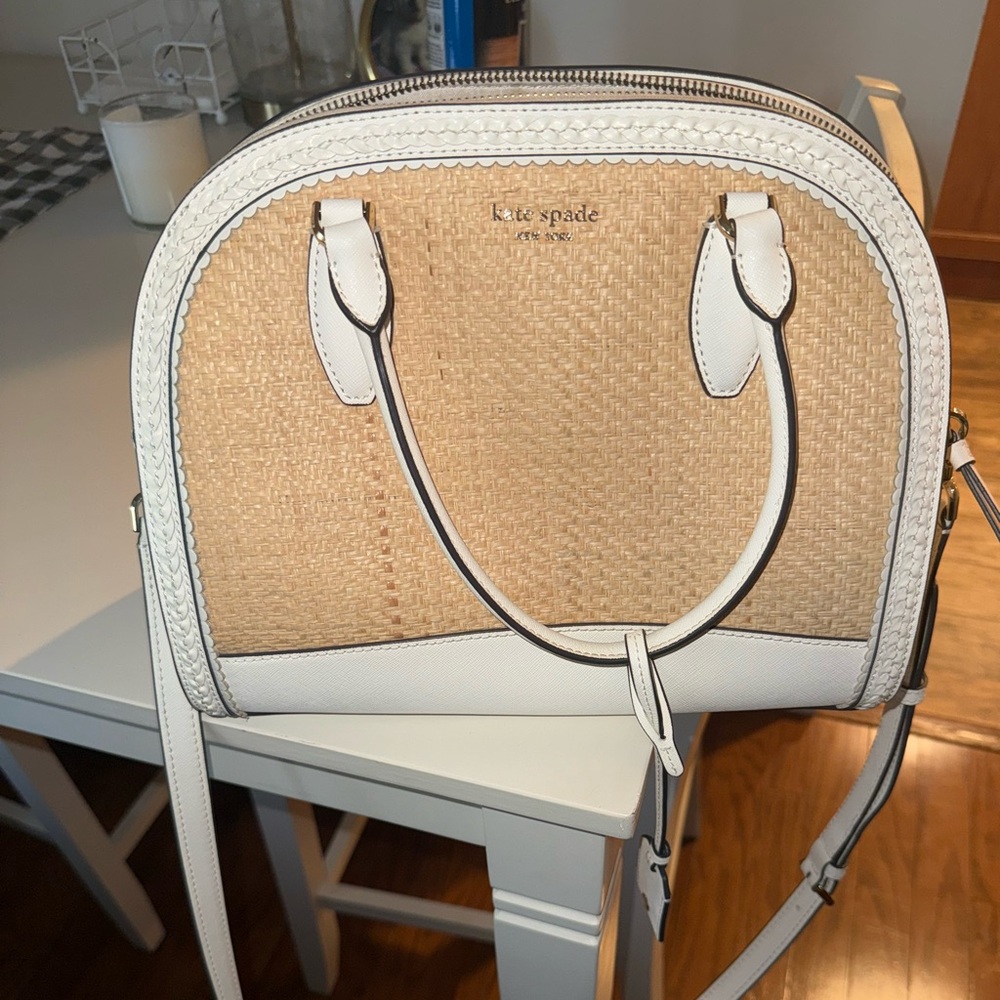 Kate Spade Rafia Tan and White Crossbody Bag